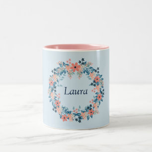 Caneca De Café Em Dois Tons Bonito, cor-de-rosa e fundo azul