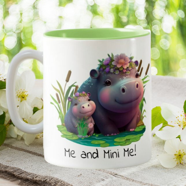 Caneca De Café Em Dois Tons Bonito Hippo Mãe e Bebê Personalizado (Criador carregado)