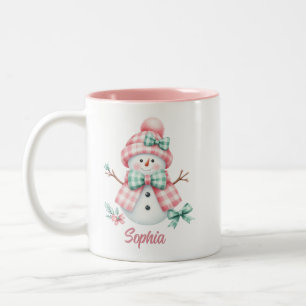 Caneca De Café Em Dois Tons Bonito Snowman Rosa Verde Personalizado