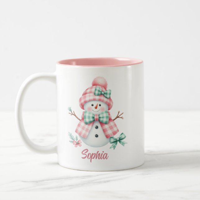 Caneca De Café Em Dois Tons Bonito Snowman Rosa Verde Personalizado (Esquerda)
