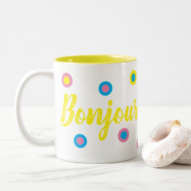 Caneca De Café Em Dois Tons Bonjour (Com Donut)