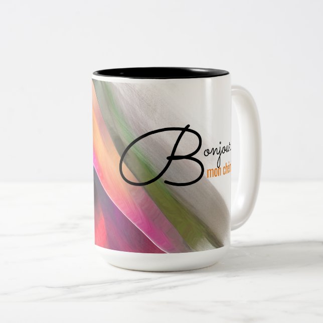 Caneca De Café Em Dois Tons Bonjour Mon Cheri. pintura abstrato (Frente Esquerda)