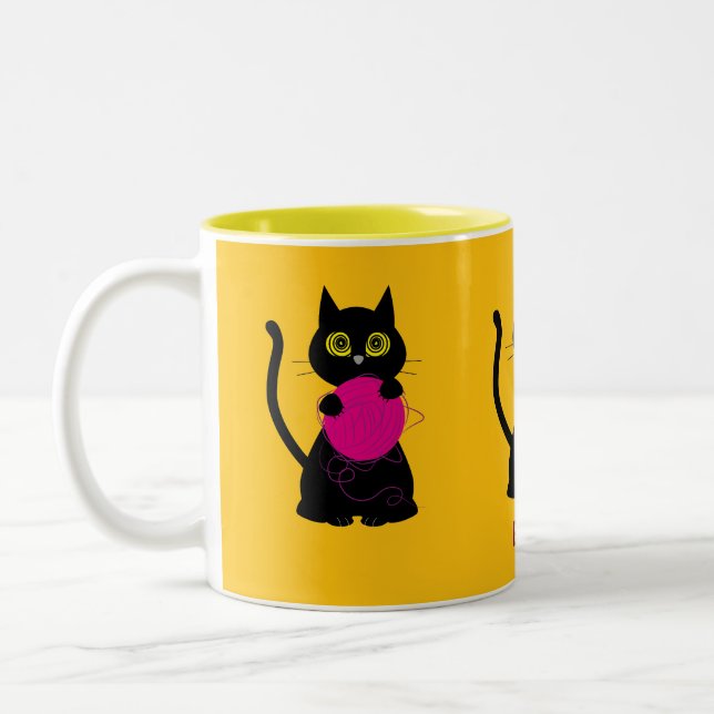 Caneca De Café Em Dois Tons Bonkers! Mug - tricô + Gatinho 🧶 🐈 ‍ ⬛ (Esquerda)