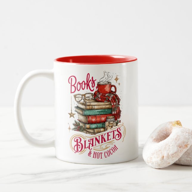 Caneca De Café Em Dois Tons Books Blankets and Hot Cocoa  (Com Donut)