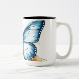 Caneca De Café Em Dois Tons Borboleta Azul com Vintage Floral Watercolor