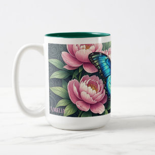 Caneca De Café Em Dois Tons Borboleta Azul Morpho Floral Monograma Personaliza