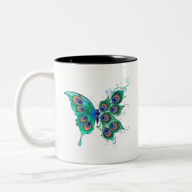 Caneca De Café Em Dois Tons Borboleta com Penas de Pavão Verde (Esquerda)