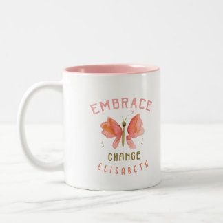 Caneca De Café Em Dois Tons Borboleta coral aquarela personalizada