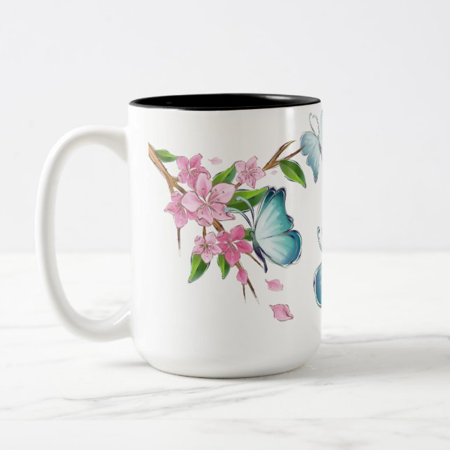 Caneca De Café Em Dois Tons Borboleta e Flores de Aquarela (Esquerda)