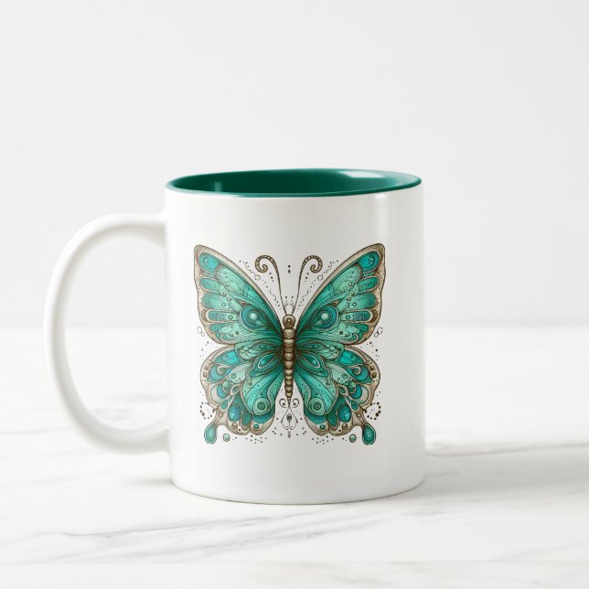 Caneca De Café Em Dois Tons Borboleta Elegante Turquesa (Esquerda)