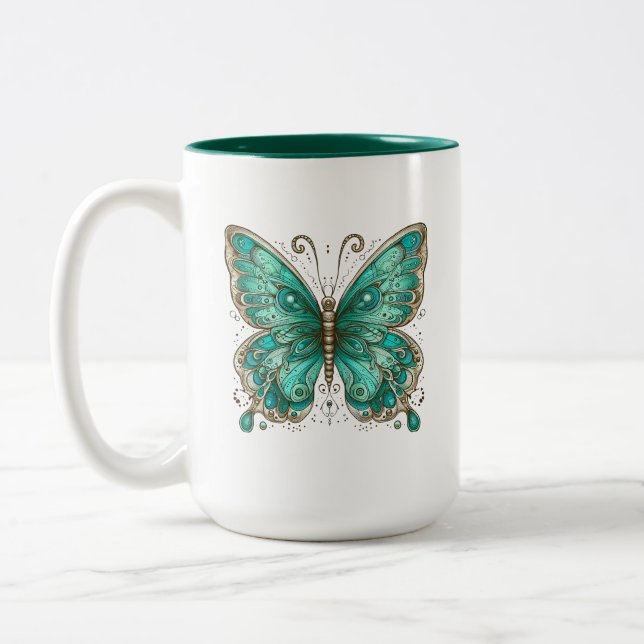 Caneca De Café Em Dois Tons Borboleta Elegante Turquesa Grande (Esquerda)