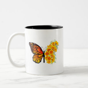 Caneca De Café Em Dois Tons Borboleta Flor com Papagaio Amarelo da Califórnia