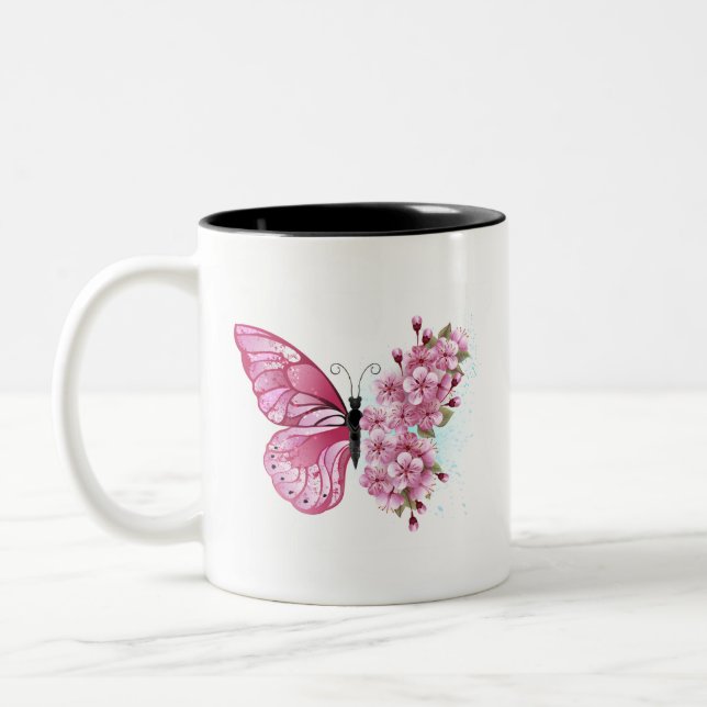 Caneca De Café Em Dois Tons Borboleta Flor com Sakura Rosa (Esquerda)