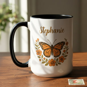 Caneca De Café Em Dois Tons Borboleta Monarca Vintage – Nome Presente para Ela