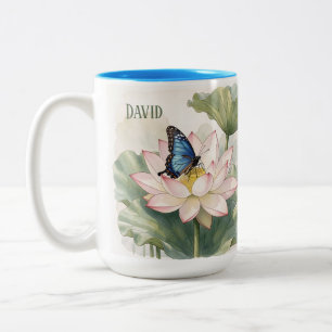 Caneca De Café Em Dois Tons Borboleta Rabo de Andorinha Azul Com Nome de Flor