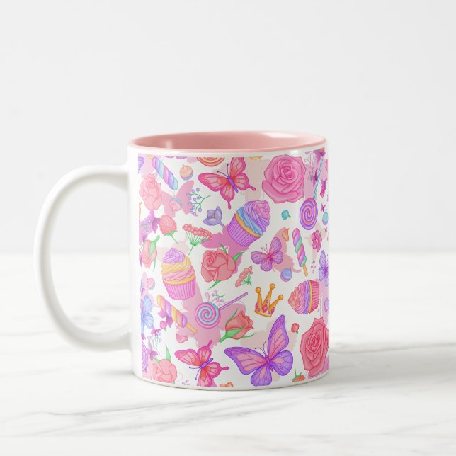Caneca De Café Em Dois Tons Borboleta Rosa Divertida, Cupcake, Padrão de doces (Esquerda)