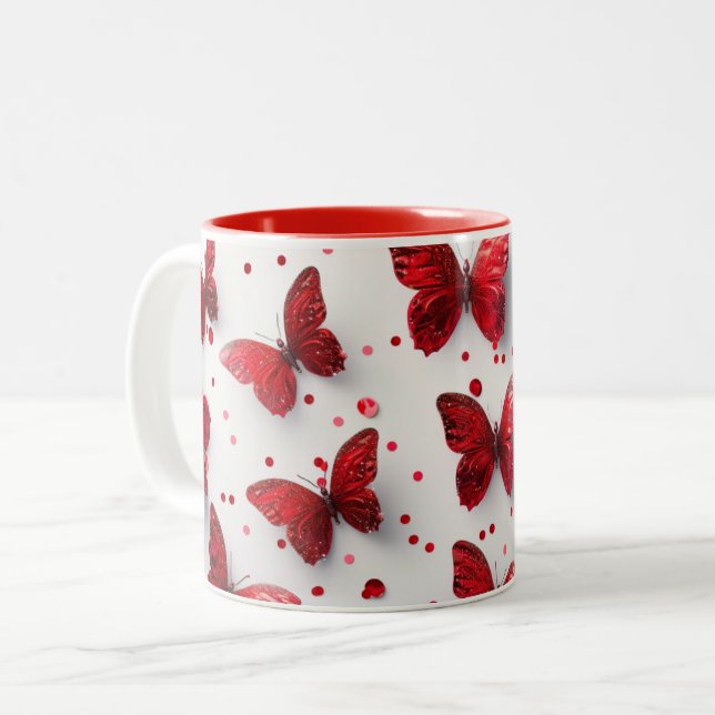 Caneca De Café Em Dois Tons Borboleta vermelha 3D (Frente Esquerda)