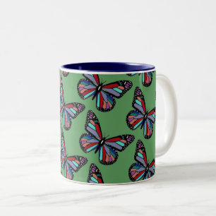 Caneca De Café Em Dois Tons Borboletas Coloridas Bastante Ornamentadas em Verd