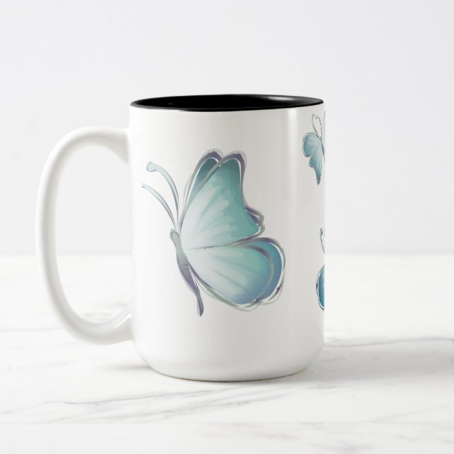 Caneca De Café Em Dois Tons Borboletas de Aquarela Azul (Esquerda)