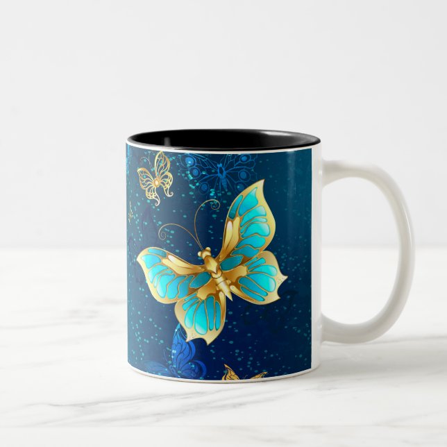 Caneca De Café Em Dois Tons Borboletas de ouro em um fundo azul (Direita)