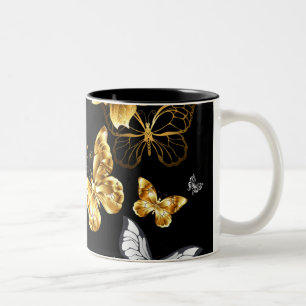 Caneca De Café Em Dois Tons Borboletas Douradas e brancas