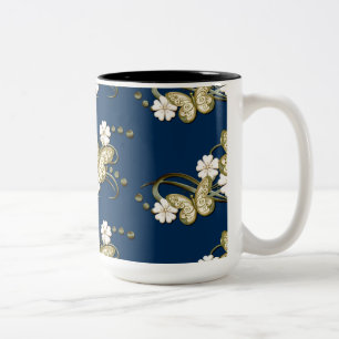 Caneca De Café Em Dois Tons Borboletas Douradas Padrões Cama Floral Decorativa
