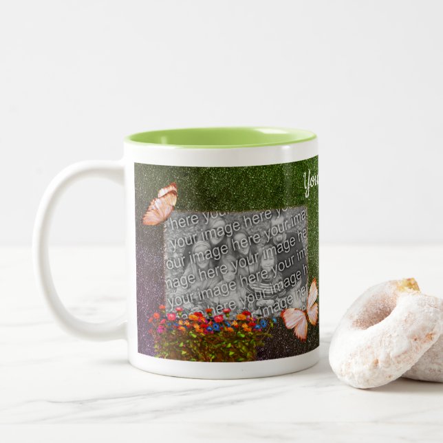 Caneca De Café Em Dois Tons Borboletas E Flores Foto Personalizada (Com Donut)