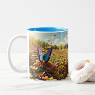 Caneca De Café Em Dois Tons borboletas multicoloridas vibrantes 3D,
