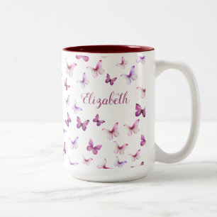 Caneca De Café Em Dois Tons Borboletas Rosa Bonito Nome Personalizado