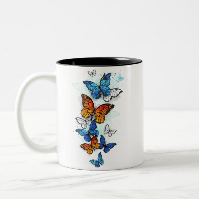 Caneca De Café Em Dois Tons Borboletas voadoras Morpho e Monarca (Esquerda)