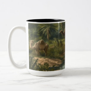 Caneca De Café Em Dois Tons Botânica: dromedários na selva perto de um rio