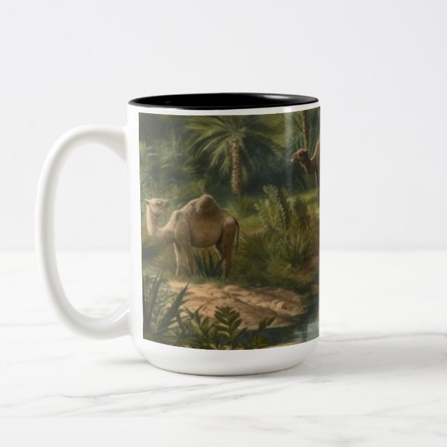 Caneca De Café Em Dois Tons Botânica: dromedários na selva perto de um rio (Esquerda)