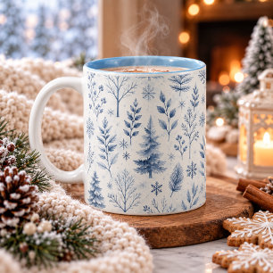 Caneca De Café Em Dois Tons Botânico de Inverno Azul Rústico da Floresta