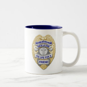 Caneca De Café Em Dois Tons Botão brilhante de linha azul fino e Crachá Dourad