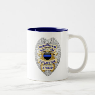Caneca De Café Em Dois Tons Botão brilhante de linha azul fino e Crachá Dourad