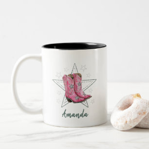 Caneca De Café Em Dois Tons Botas de Dança da Linha Rosa e Camiseta Estrelas