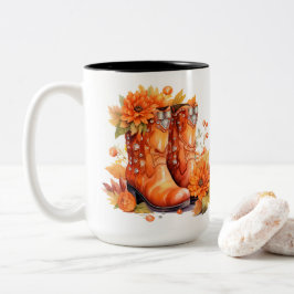 Caneca De Café Em Dois Tons Botas do cowboy com estilo retrô - Folhas de outon