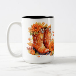Caneca De Café Em Dois Tons Botas do cowboy com estilo retrô - Folhas de outon