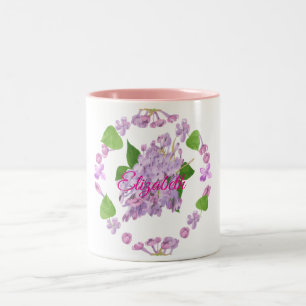 Caneca De Café Em Dois Tons botões de lilás em torno de flor de lilás aquarela