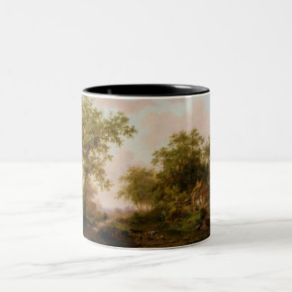 Caneca De Café Em Dois Tons Bovinos Numa Paisagem De Verão