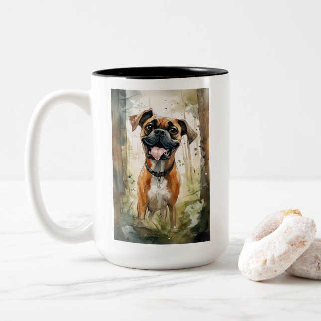 Caneca De Café Em Dois Tons Boxer Terrier Aquarela Caprichosa (Com Donut)