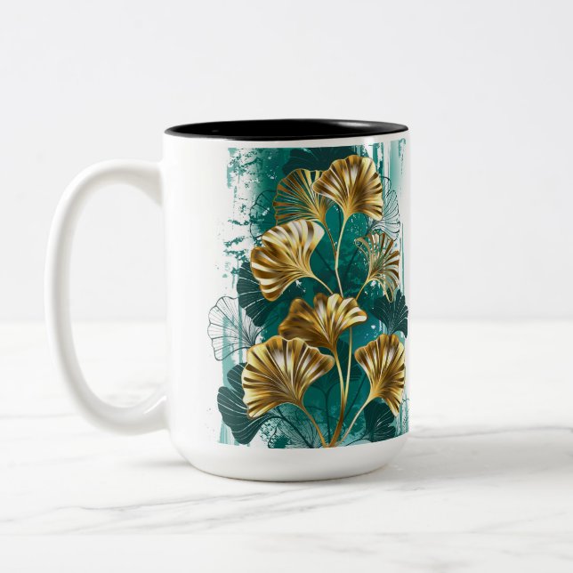 Caneca De Café Em Dois Tons Branch with Golden Leaves Ginko Biloba (Esquerda)