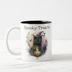 Caneca De Café Em Dois Tons Bruxa de Gato Preto Chapéu Assustador Divertido Ha