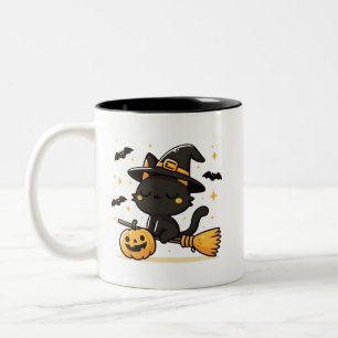 Caneca De Café Em Dois Tons Bruxa de Gato Preto na Vassoura & Abóbora Hallowee