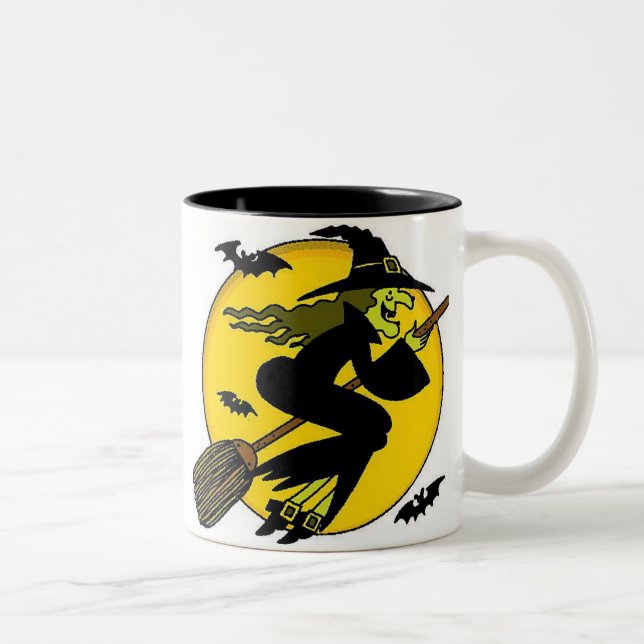 Caneca De Café Em Dois Tons Bruxa De Halloween Na Broomstick (Direita)