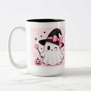 Caneca De Café Em Dois Tons Bruxa Fantasma Coquette com Laço Rosa no Halloween