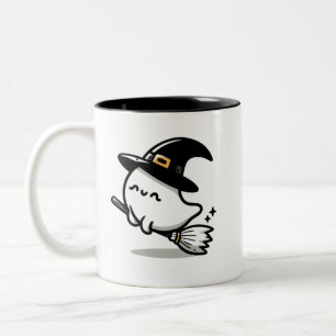Caneca De Café Em Dois Tons Bruxa Fantasma Fofa com Abóbora & Vassoura Dois