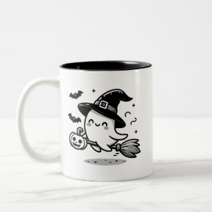 Caneca De Café Em Dois Tons Bruxa Fantasma Fofa com Abóbora & Vassoura   Duas 