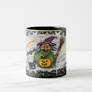 Caneca De Café Em Dois Tons Bruxa, Gato, Bat e Pumpkin, Feliz Halloween!