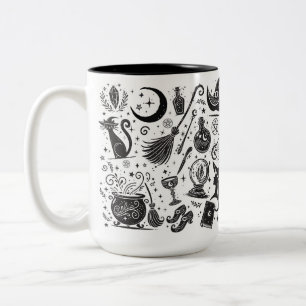 Caneca De Café Em Dois Tons Bruxa Mágica Caprichosa Wicca Pagã Preto e Branco